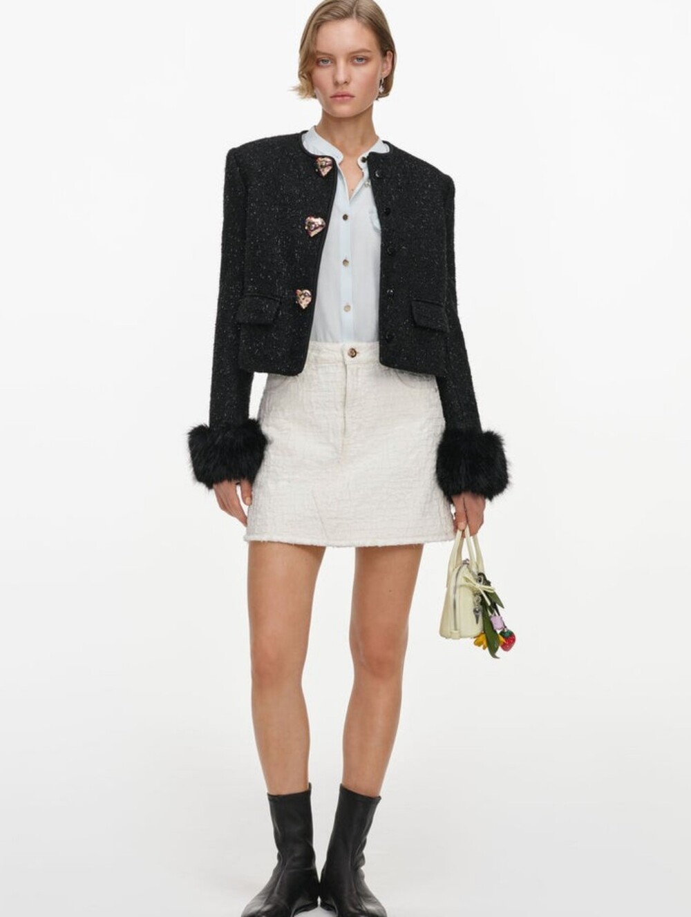 Self Portrait Black Metallic Boucle Fur Cuff Jacket